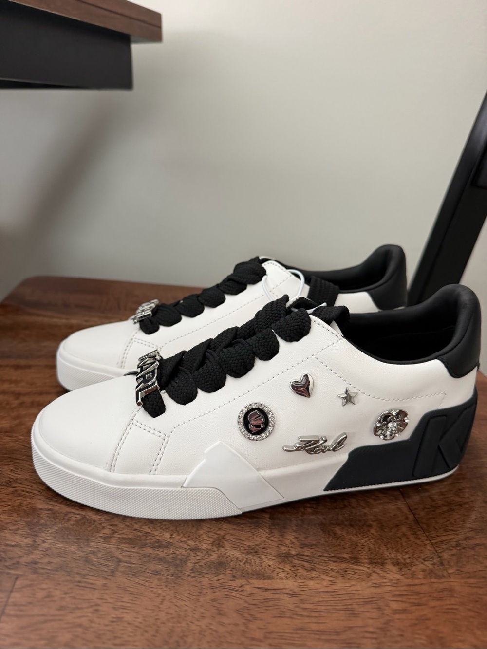 Karl Lagerfeld White and Black Women's Sneaker with Logo Metal Charms 7.5